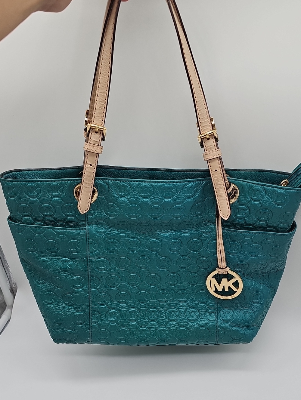 Michael Kors Teal Embossed Logo Tote with Neutral Straps